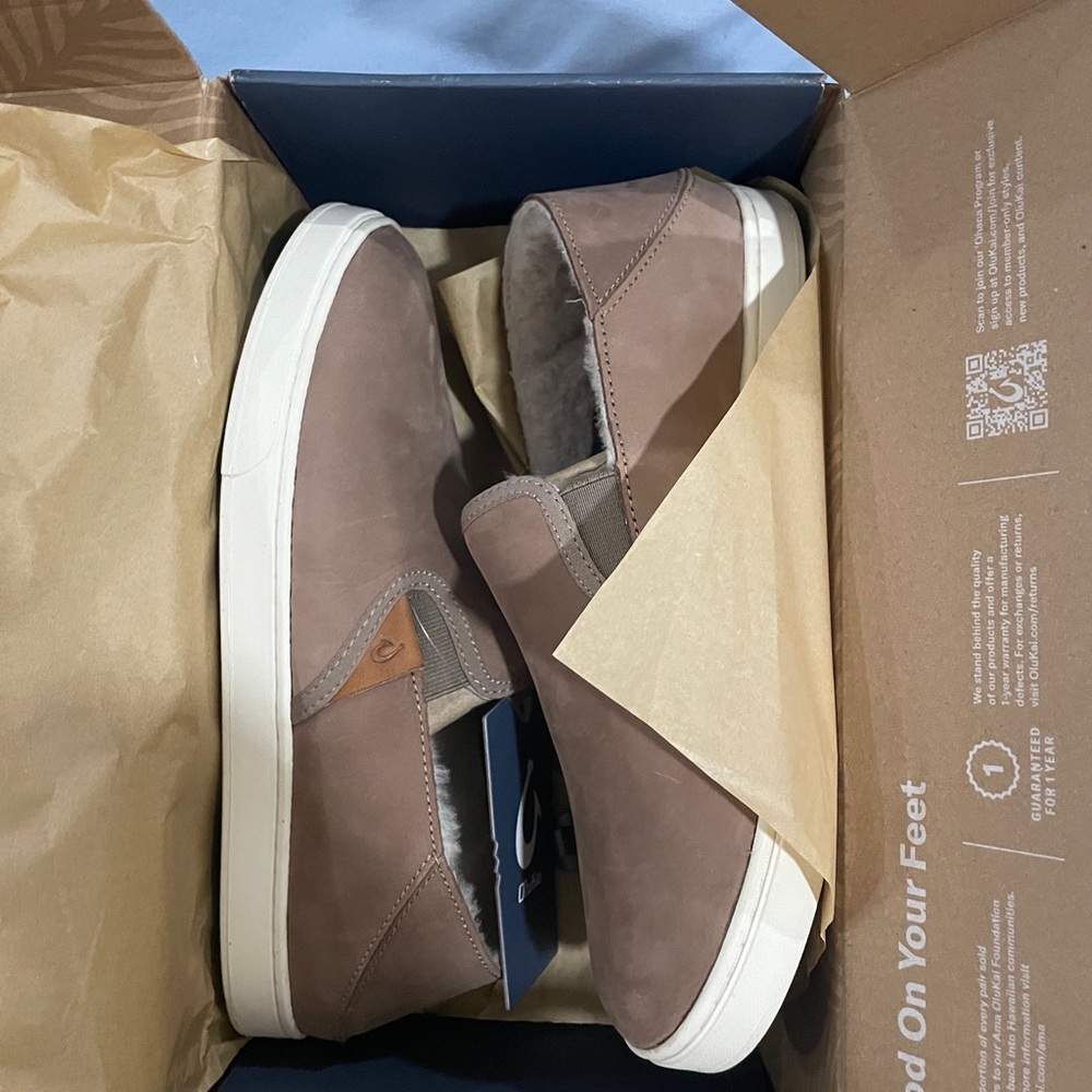 OluKai Brown Slip-On Shoes with Fur Interior